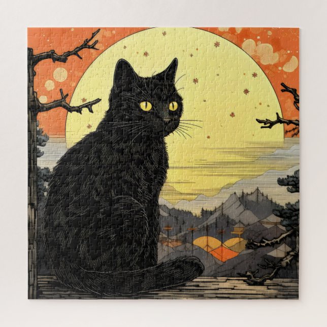 Black Cat Ukiyo-e Jigsaw Puzzle (Vertical)