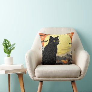 Black Cat Ukiyo-e Throw Pillow