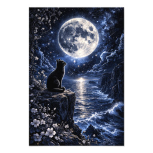 Black Cat Under Full Moon Ocean Night Fantasy Wall Photo Print