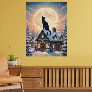  Black Cat Under full Moon Poster