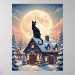  Black Cat Under full Moon Poster