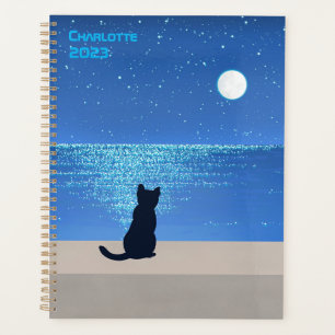 Black cat under full moon starry night  planner