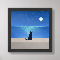 Black cat under full moon starry night