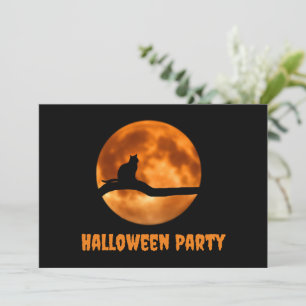 Black Cat Under Orange Moon  Halloween Invitation
