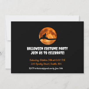 Black Cat Under Orange Moon Halloween Invitation