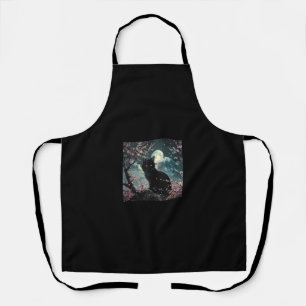 Black Cat Under Red Moon with Sakura Blossoms Apron