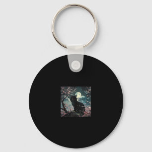 Black Cat Under Red Moon with Sakura Blossoms Keychain