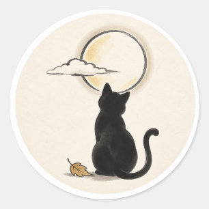 Black Cat Under the Autumn Moon – Japanese Ink Was Classic Round Sticker