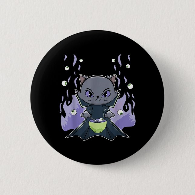 Black Cat Vampire Dracula And Ramen For Halloween 2 Inch Round Button (Front)