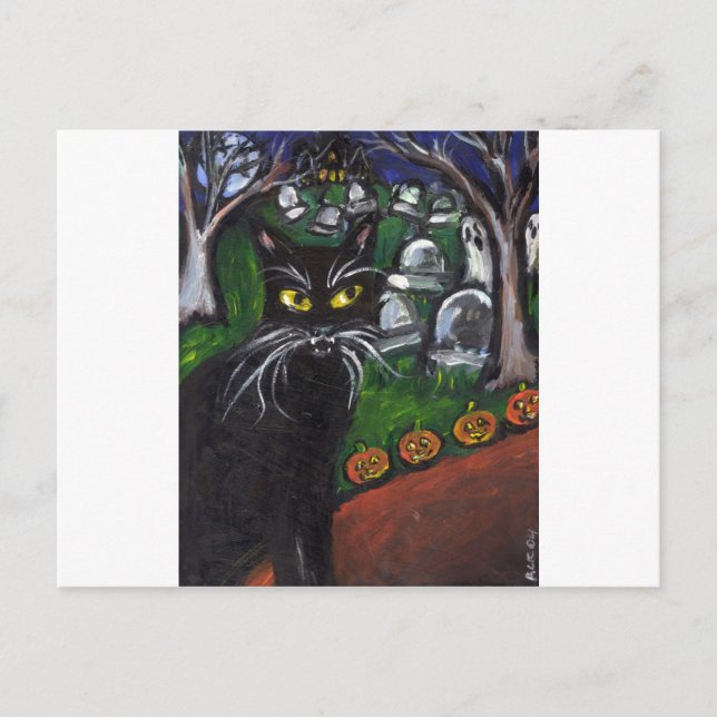 Black cat Vampire Halloween art Postcard (Front)