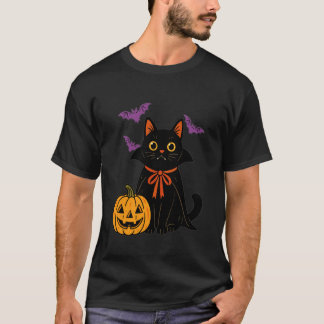 Black Cat Vampire Halloween Pumpkin Bats Kitten Lo T-Shirt