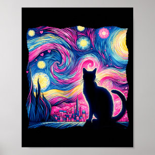 Black Cat Van Gogh Starry Night Art Hearts Valenti Poster