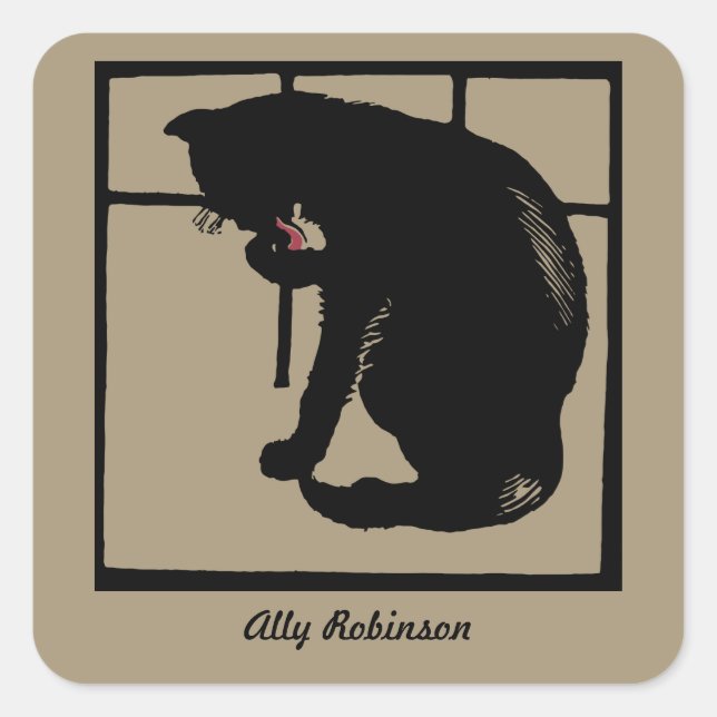 Black cat vector art (woodcut) bookplate square sticker (Front)