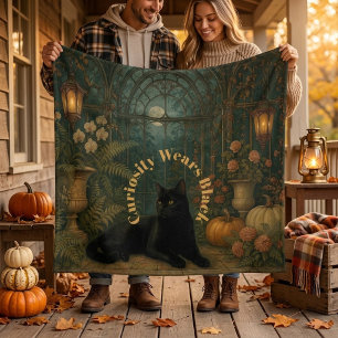 Black Cat Victorian Ornate Curiosity Wears Black Throw Blanket