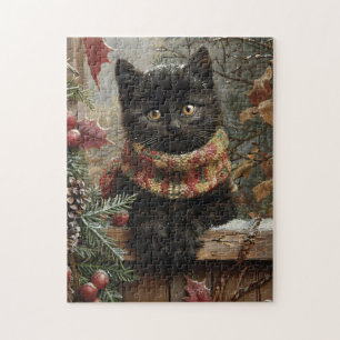 Black Cat Vintage Christmas Art Jigsaw Puzzle