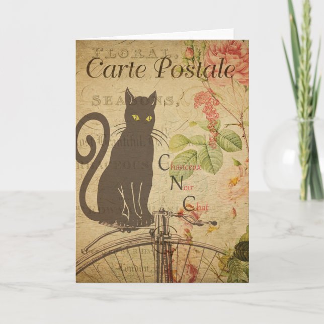 Black Cat Vintage French Postcard Card (Front)