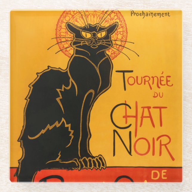 Black Cat Vintage Halloween Steinlen Poster Glass Coaster (Front)