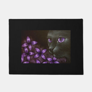 BLACK CAT VIOLET FLOWERS DOOR MAT