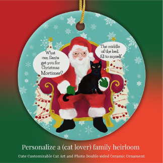 Black Cat Visits Santa Funny Custom Photo Ceramic Ornament
