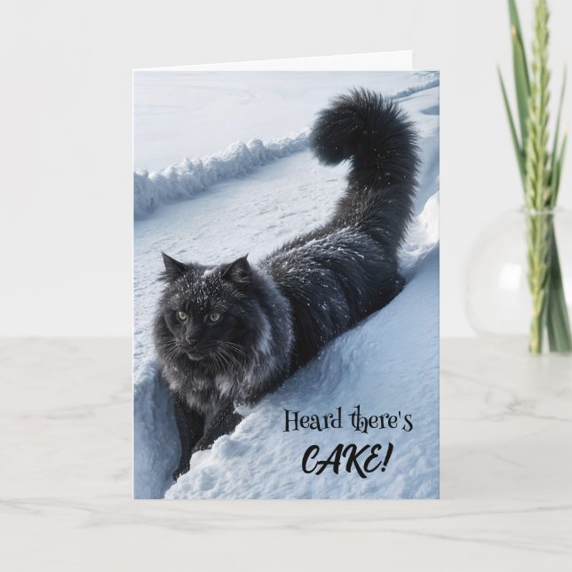 Black Cat Walking In Deep Snow Card (Front)