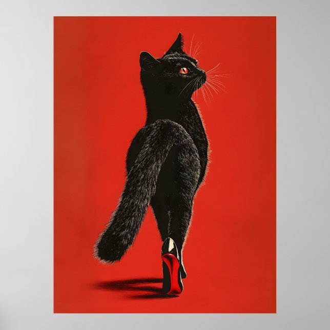 Black Cat Walking the Catwalk – Fashion Illustrati Poster (Front)