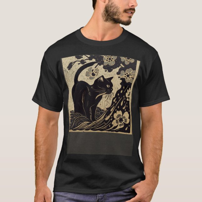 Black Cat Water Pouring Flower T-Shirt (Front)