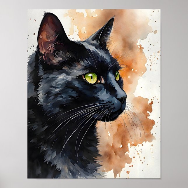 Black Cat Watercolor Elegant Feline Wall Art Print (Front)
