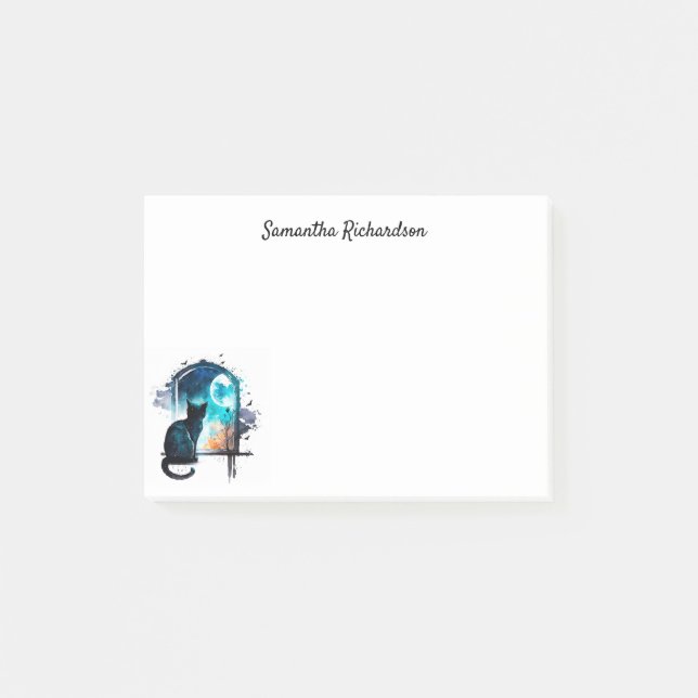 Black Cat Watercolor Moon Silhouette Personalized Post-it Notes (Front)