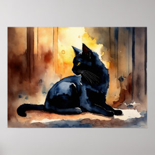Black Cat Watercolor Wall Poster