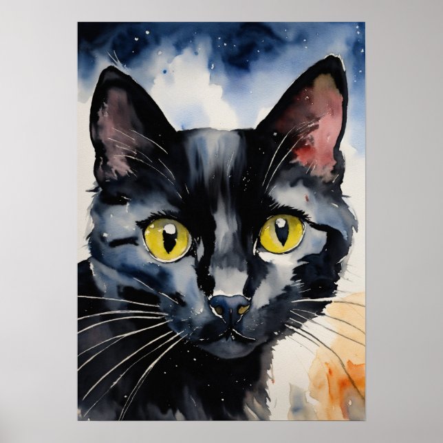 Black Cat Watercolor Wall Poster (Front)