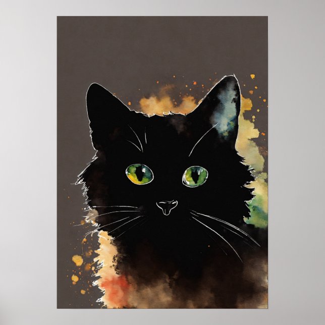 Black Cat Watercolor Wall Poster (Front)