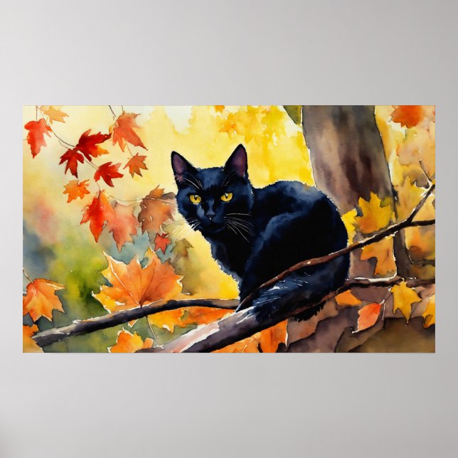 Black Cat Watercolor Wall Poster (Front)