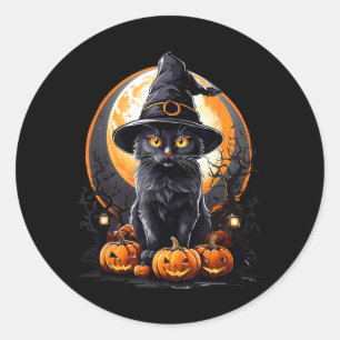 Black Cat Wearing A Witchs Hat Pumpskin Halloween Classic Round Sticker