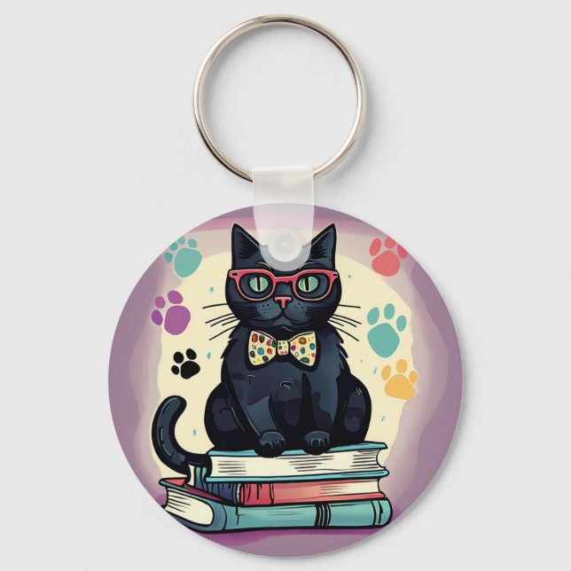 Black cat wearing glasses and a bow tie keychain (Front)