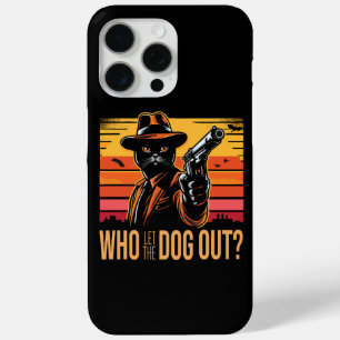 Black cat wearing orange suit who let the dogs out iPhone 15 pro max case
