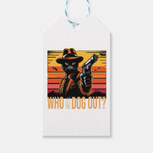 Black cat wearing orange suit who let the dogs out gift tags