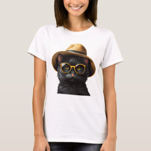black cat wearing sunglasses and hat, funny cat T-Shirt