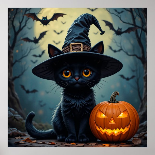 Black Cat Wearing Witch Hat Halloween Poster (Front)