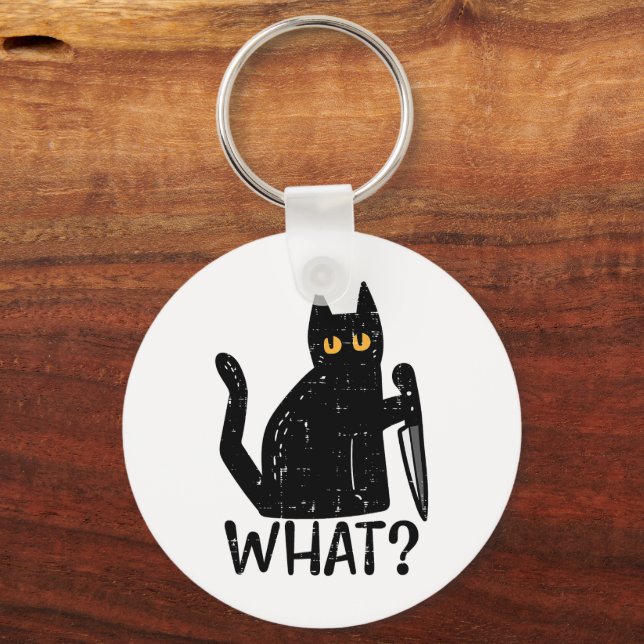 Black Cat What Knife Funny Murderous Halloween Pet Keychain (Front)