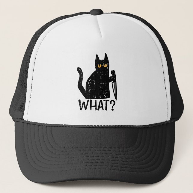 Black Cat What Knife Funny Murderous Halloween Pet Trucker Hat (Front)