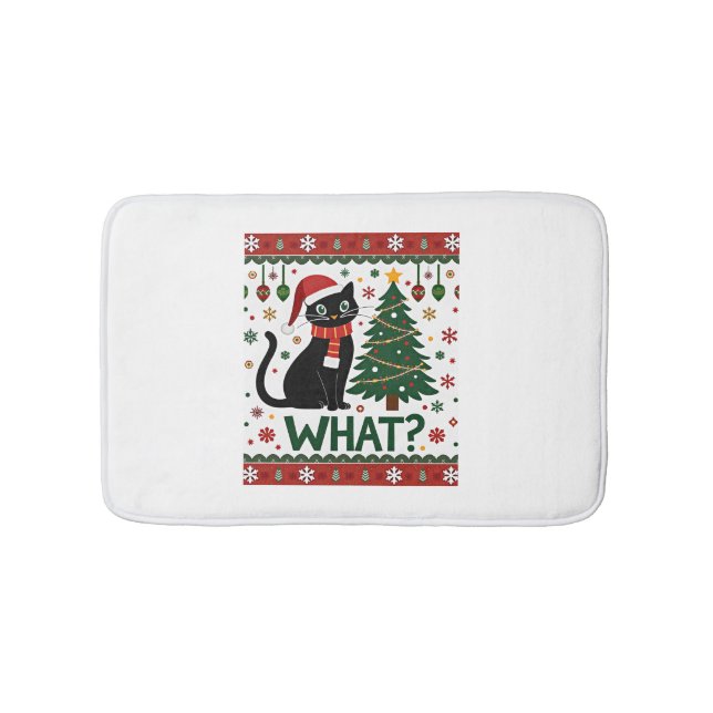 Black Cat What Pushing Christmas Tree Funny Cat Xm Bath Mat (Front)
