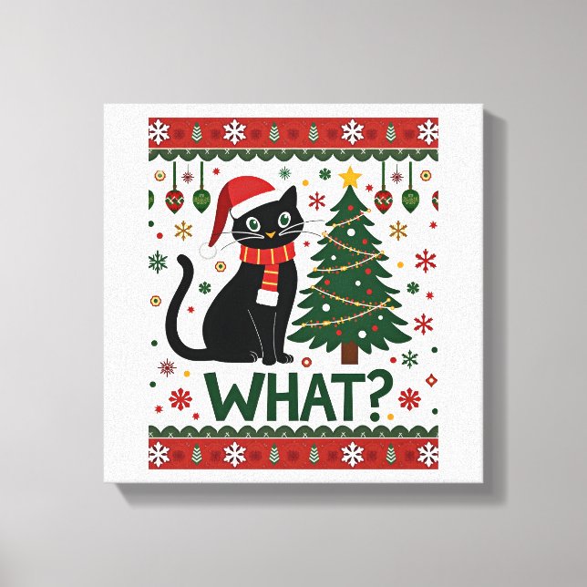 Black Cat What Pushing Christmas Tree Funny Cat Xm Canvas Print (Front)