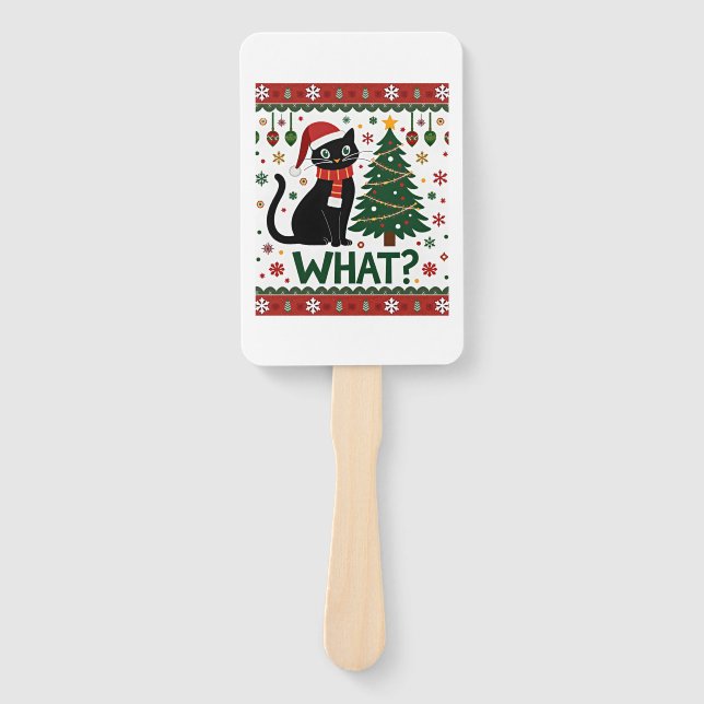 Black Cat What Pushing Christmas Tree Funny Cat Xm Hand Fan (Front)