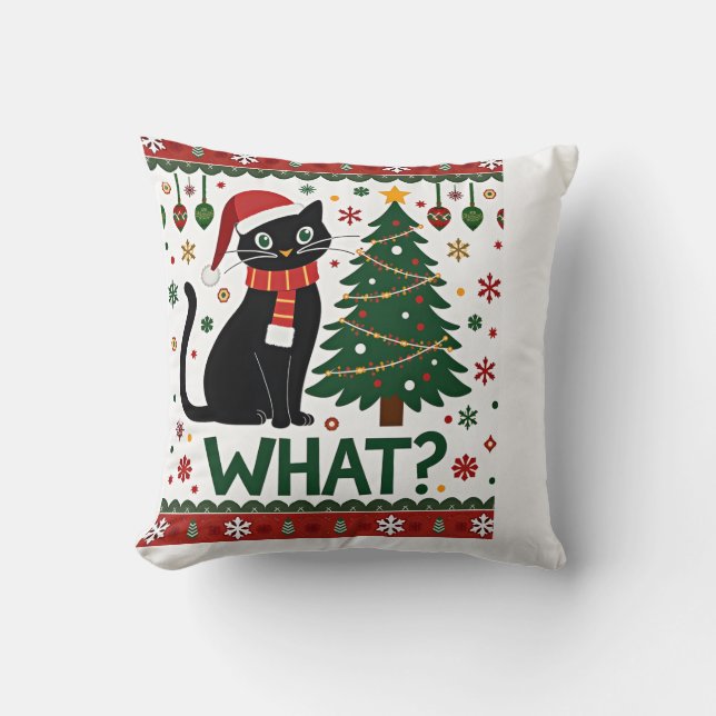 Black Cat What Pushing Christmas Tree Funny Cat Xm Throw Pillow (Front)