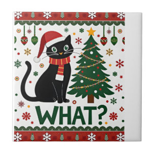 Black Cat What Pushing Christmas Tree Funny Cat Xm Tile