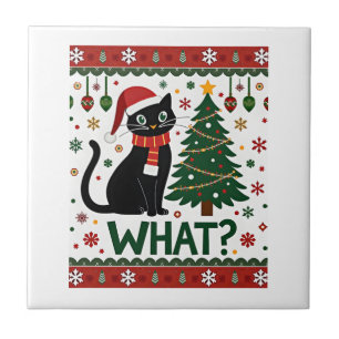 Black Cat What Pushing Christmas Tree Funny Cat Xm Tile