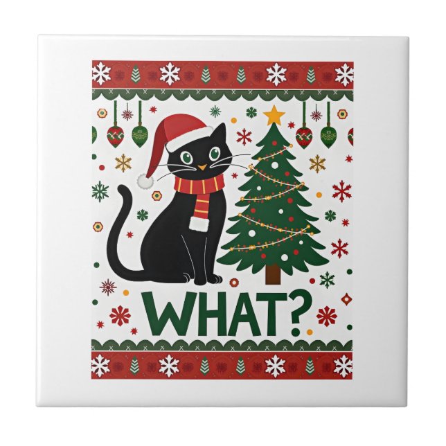 Black Cat What Pushing Christmas Tree Funny Cat Xm Tile (Front)