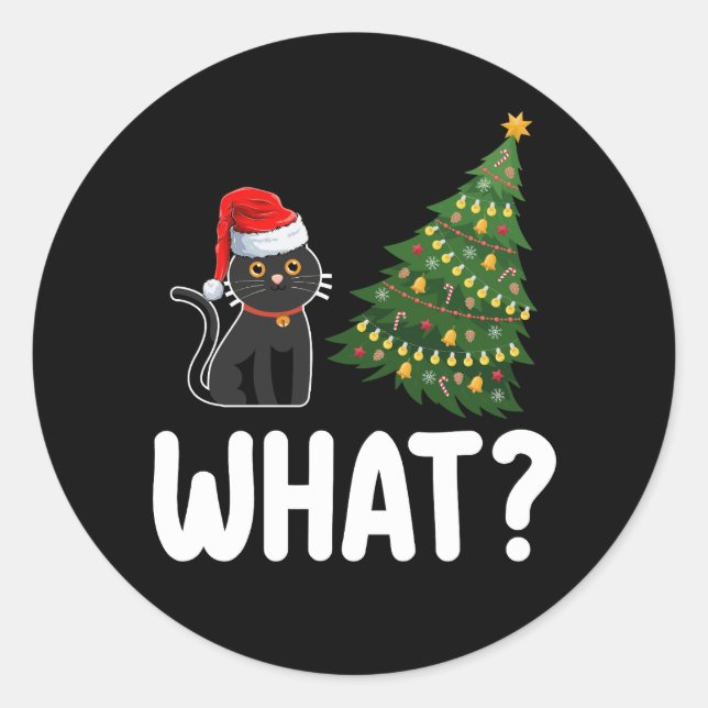 Black Cat What Pushing Christmas Tree Funny Classic Round Sticker (Front)