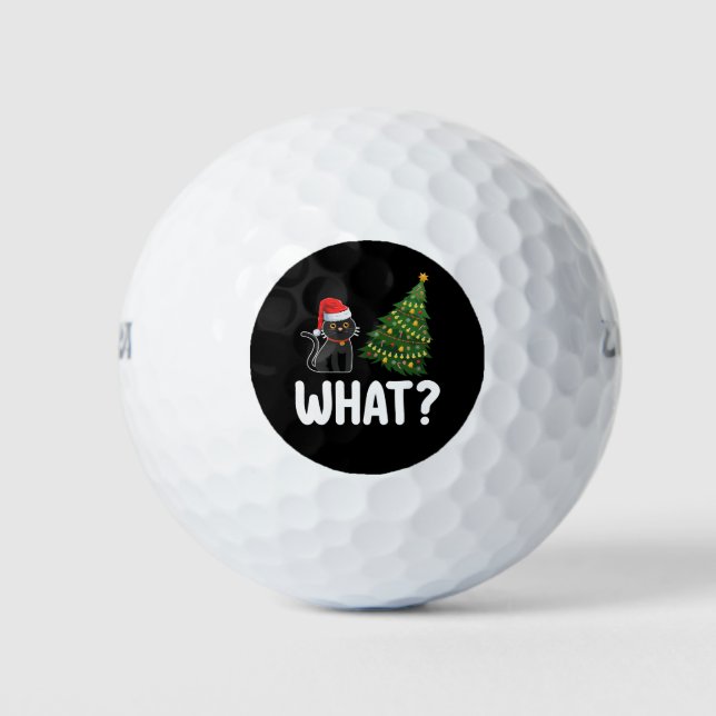 Black Cat What Pushing Christmas Tree Funny Golf Balls (Front)
