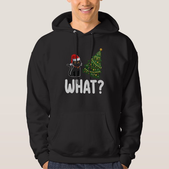 Black Cat What Pushing Christmas Tree Funny Hoodie (Front)